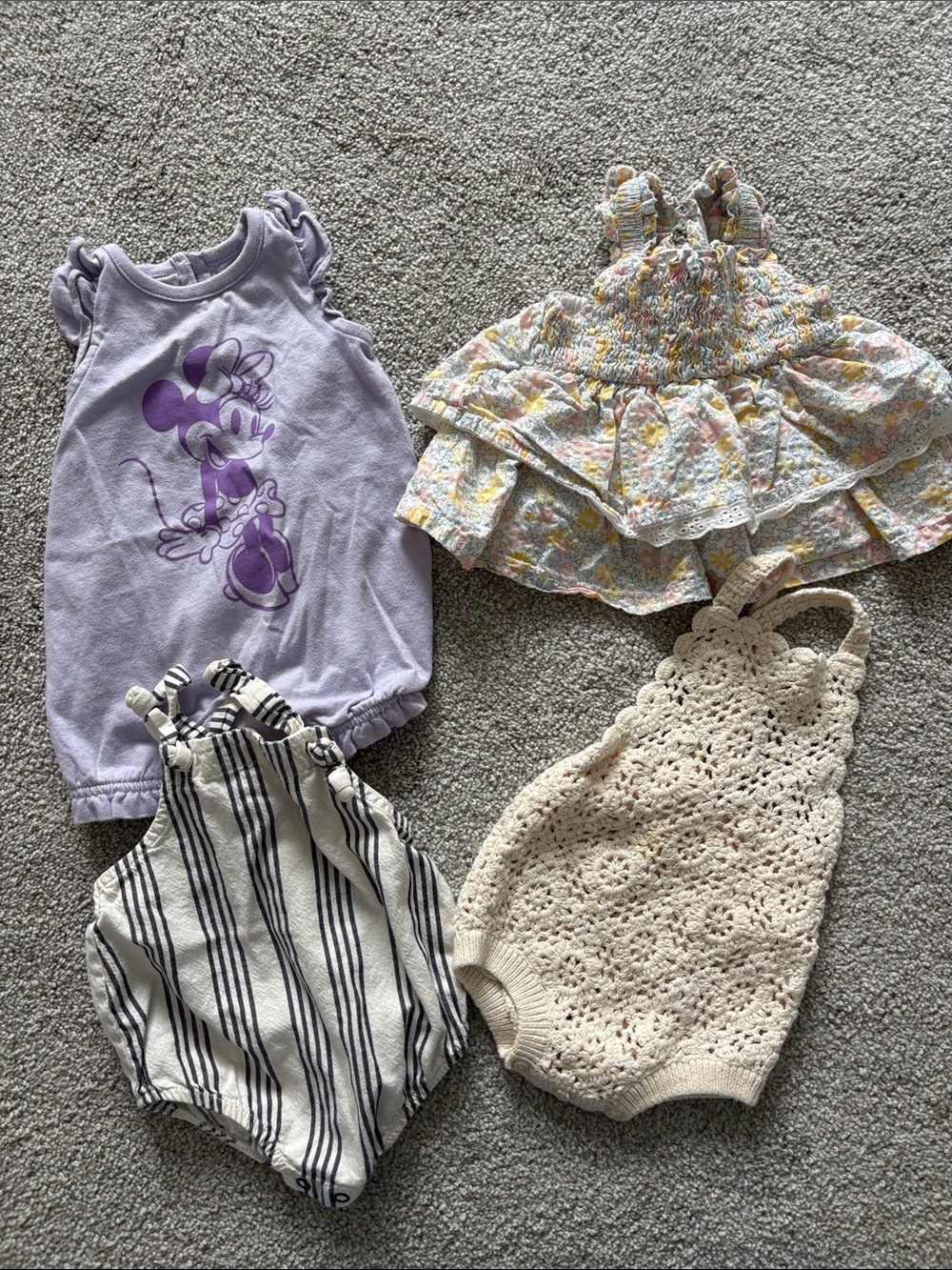 Purple Minnie Mouse Infant Romper + 3 Assorted Baby Dresses